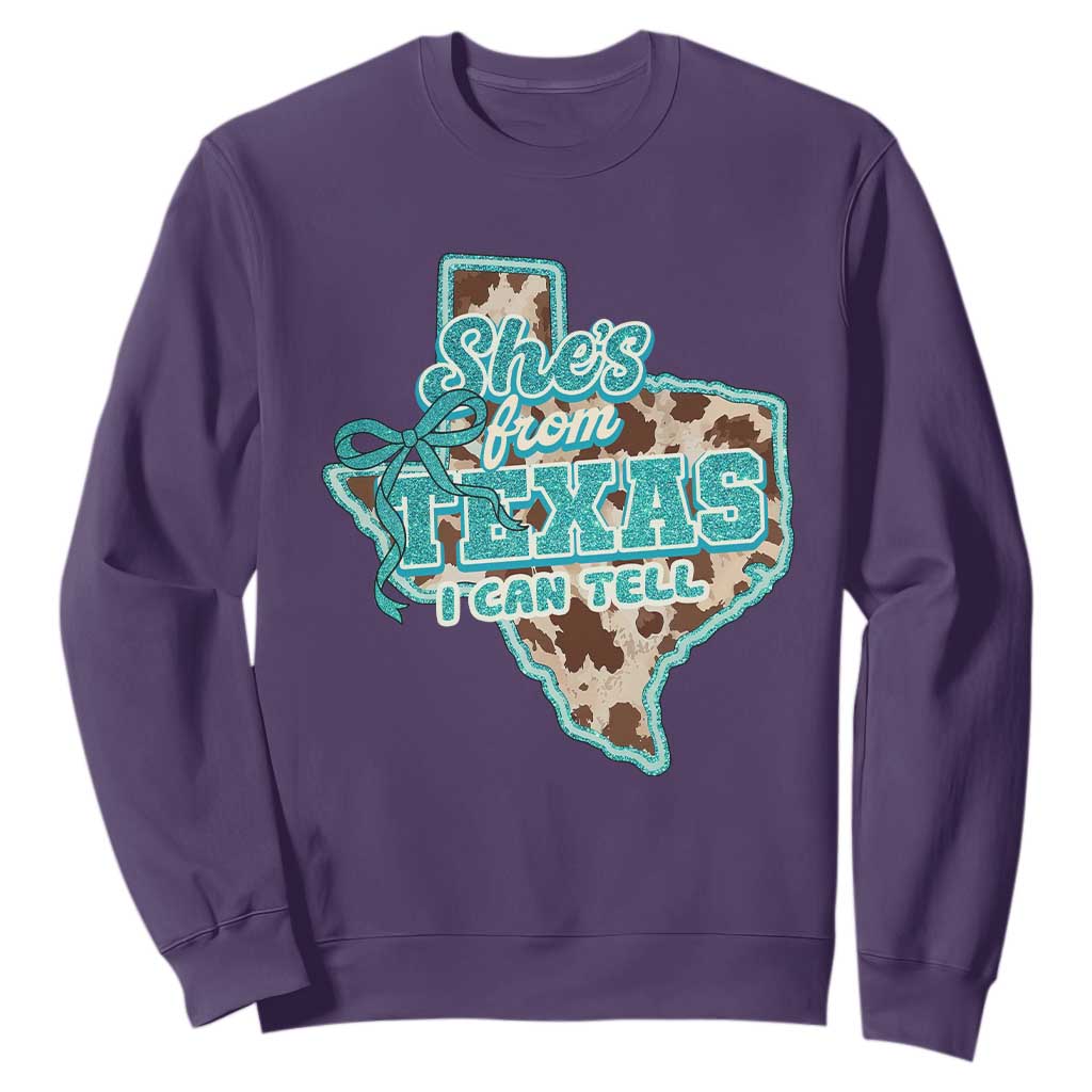 Retro Western She is From Texas I Can Tell Sweatshirt Trendy Turquoise Glitter Coquette and Cow Print Effect Graphic