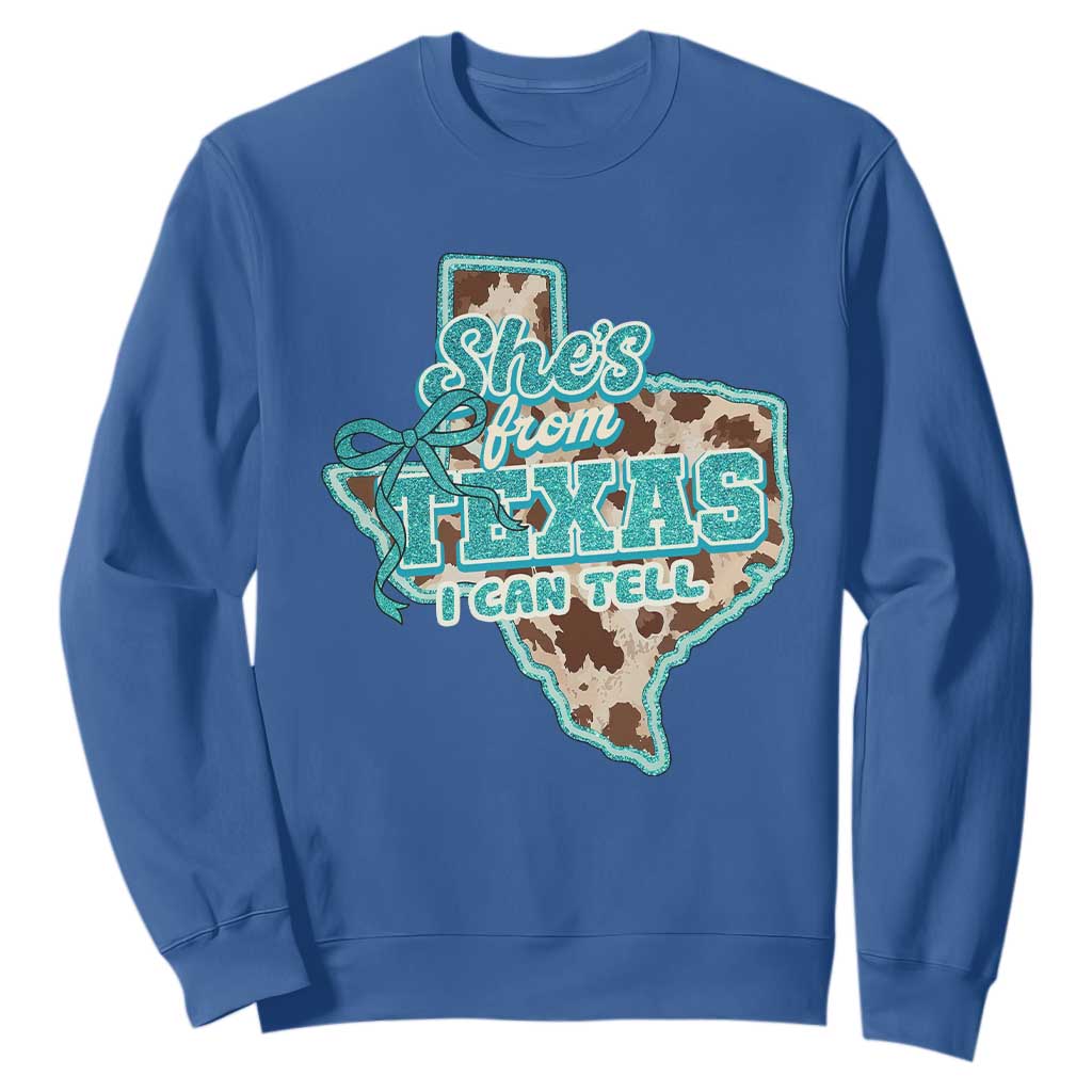 Retro Western She is From Texas I Can Tell Sweatshirt Trendy Turquoise Glitter Coquette and Cow Print Effect Graphic