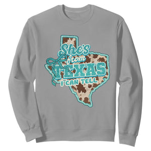 Retro Western She is From Texas I Can Tell Sweatshirt Trendy Turquoise Glitter Coquette and Cow Print Effect Graphic