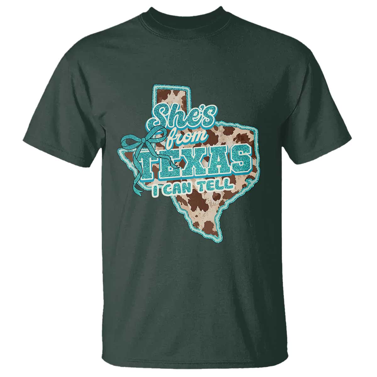 Retro Western She is From Texas I Can Tell T Shirt Trendy Turquoise Glitter Coquette and Cow Print Effect Graphic