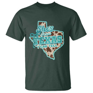 Retro Western She is From Texas I Can Tell T Shirt Trendy Turquoise Glitter Coquette and Cow Print Effect Graphic
