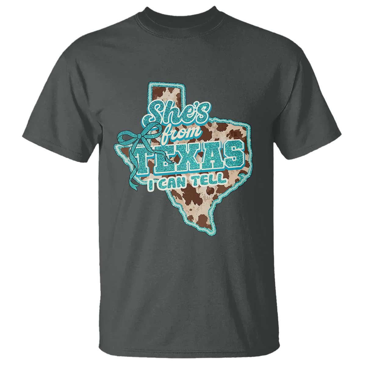 Retro Western She is From Texas I Can Tell T Shirt Trendy Turquoise Glitter Coquette and Cow Print Effect Graphic