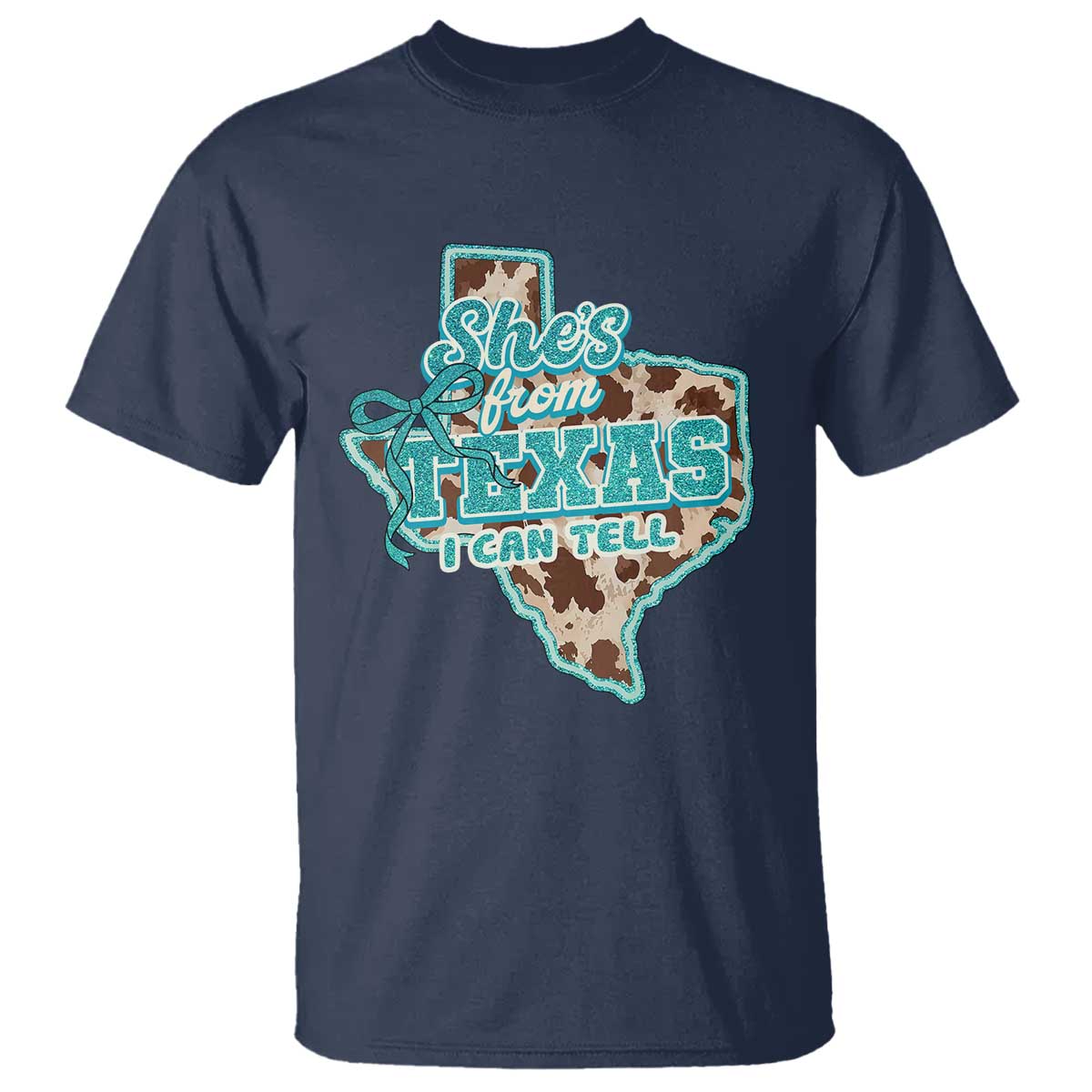 Retro Western She is From Texas I Can Tell T Shirt Trendy Turquoise Glitter Coquette and Cow Print Effect Graphic