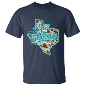 Retro Western She is From Texas I Can Tell T Shirt Trendy Turquoise Glitter Coquette and Cow Print Effect Graphic