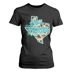 Retro Western She is From Texas I Can Tell T Shirt For Women Trendy Turquoise Glitter Coquette and Cow Print Effect Graphic