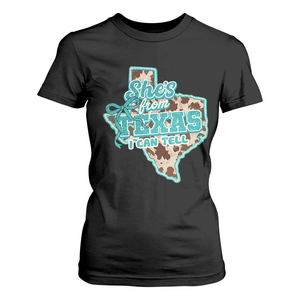 Retro Western She is From Texas I Can Tell T Shirt For Women Trendy Turquoise Glitter Coquette and Cow Print Effect Graphic TS02 Black Print Your Wear