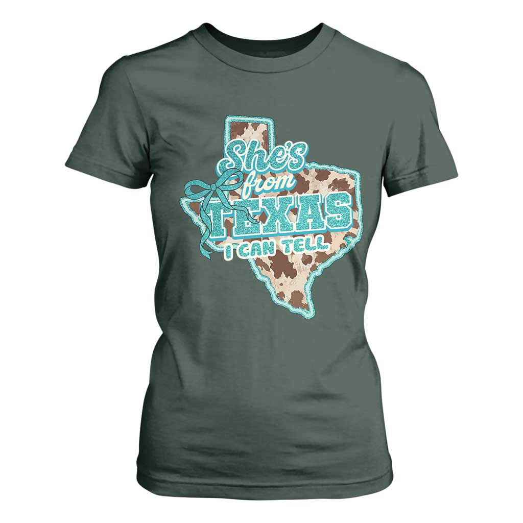 Retro Western She is From Texas I Can Tell T Shirt For Women Trendy Turquoise Glitter Coquette and Cow Print Effect Graphic