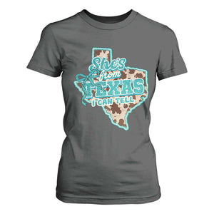 Retro Western She is From Texas I Can Tell T Shirt For Women Trendy Turquoise Glitter Coquette and Cow Print Effect Graphic