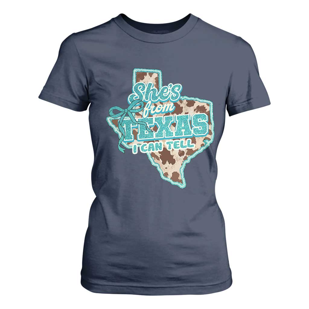 Retro Western She is From Texas I Can Tell T Shirt For Women Trendy Turquoise Glitter Coquette and Cow Print Effect Graphic