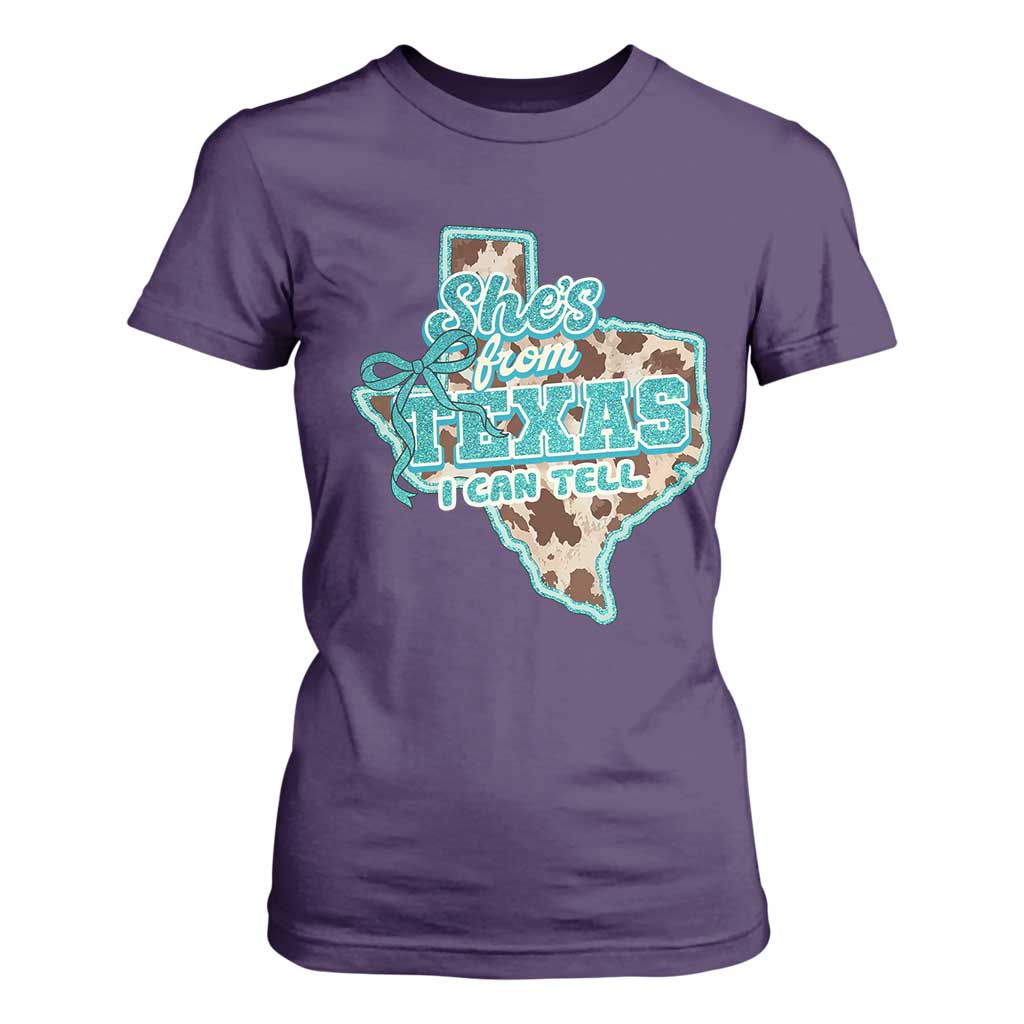 Retro Western She is From Texas I Can Tell T Shirt For Women Trendy Turquoise Glitter Coquette and Cow Print Effect Graphic