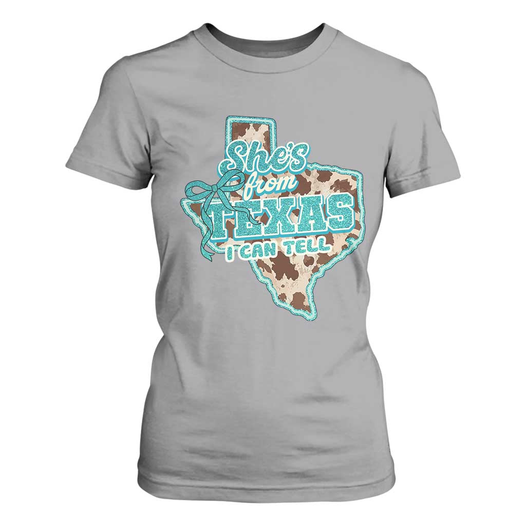 Retro Western She is From Texas I Can Tell T Shirt For Women Trendy Turquoise Glitter Coquette and Cow Print Effect Graphic