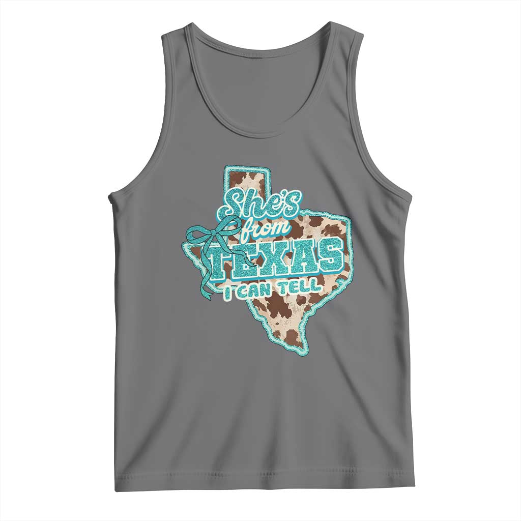 Retro Western She is From Texas I Can Tell Tank Top Trendy Turquoise Glitter Coquette and Cow Print Effect Graphic