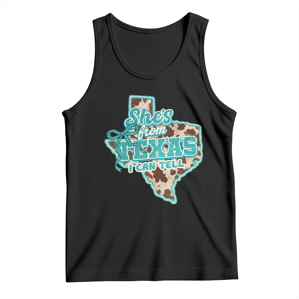 Retro Western She is From Texas I Can Tell Tank Top Trendy Turquoise Glitter Coquette and Cow Print Effect Graphic