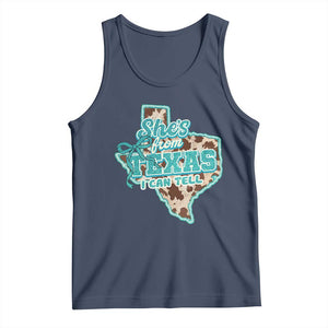Retro Western She is From Texas I Can Tell Tank Top Trendy Turquoise Glitter Coquette and Cow Print Effect Graphic