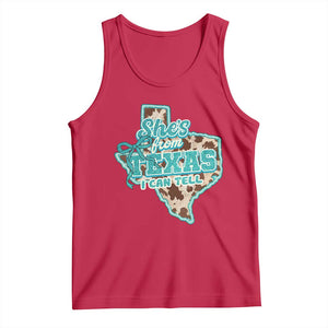 Retro Western She is From Texas I Can Tell Tank Top Trendy Turquoise Glitter Coquette and Cow Print Effect Graphic