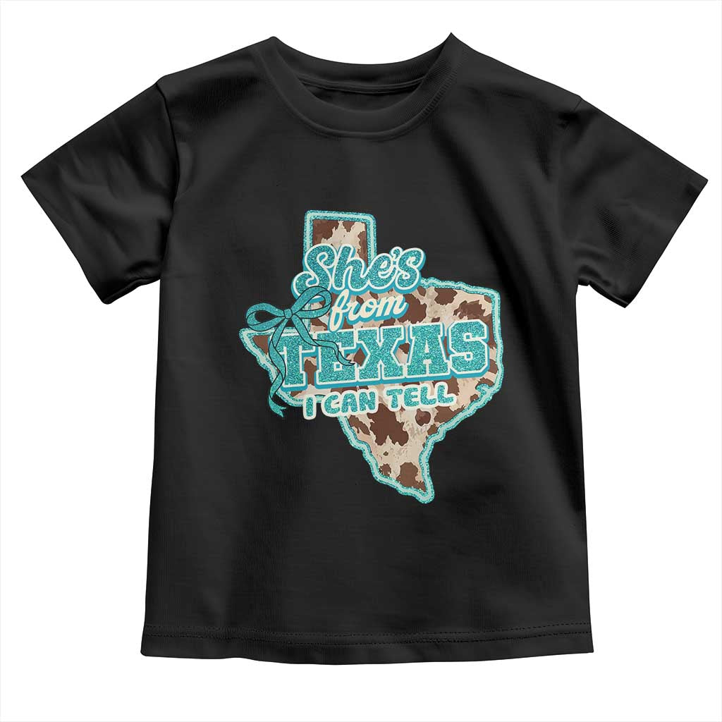 Retro Western She is From Texas I Can Tell Toddler T Shirt Trendy Turquoise Glitter Coquette and Cow Print Effect Graphic