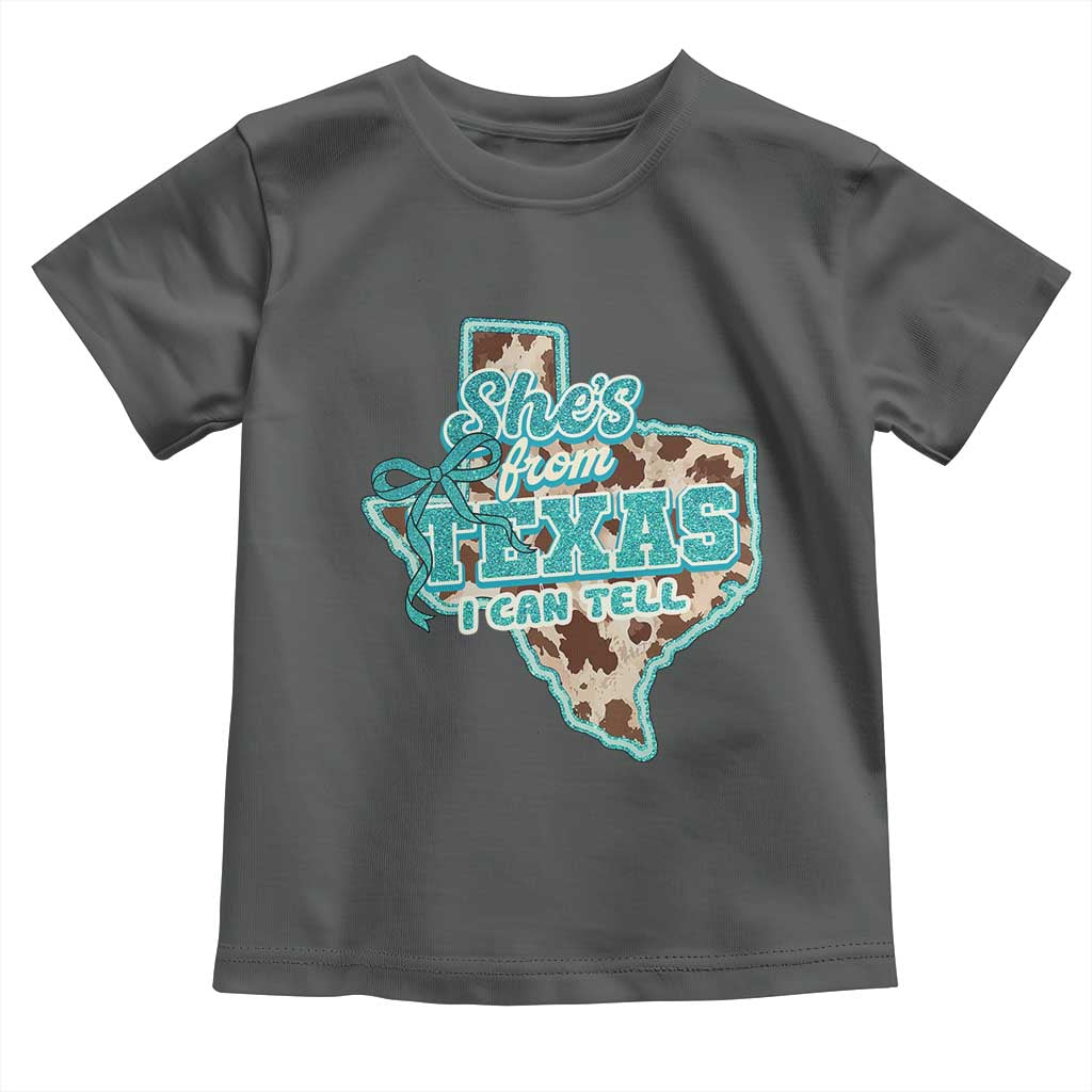 Retro Western She is From Texas I Can Tell Toddler T Shirt Trendy Turquoise Glitter Coquette and Cow Print Effect Graphic