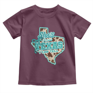 Retro Western She is From Texas I Can Tell Toddler T Shirt Trendy Turquoise Glitter Coquette and Cow Print Effect Graphic