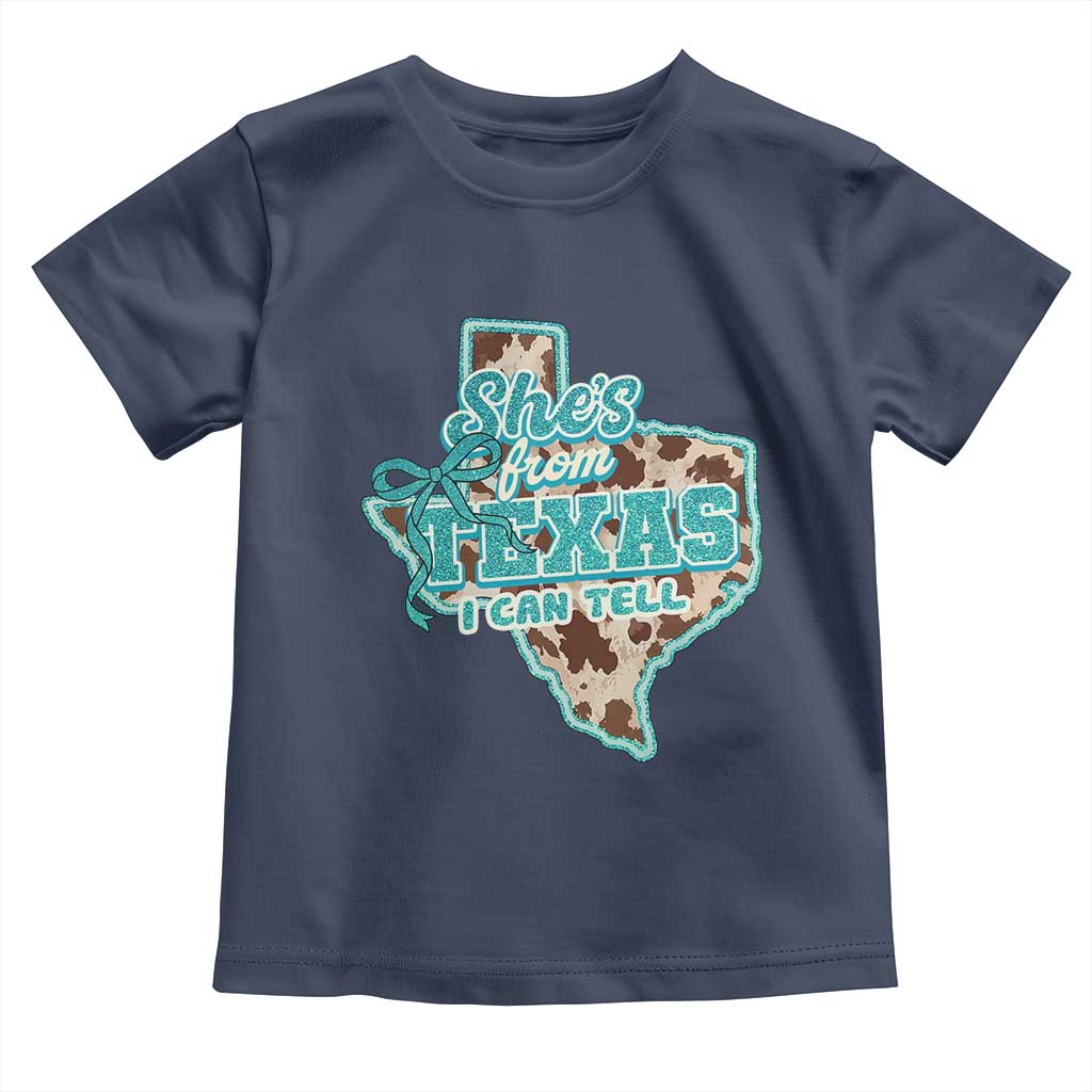 Retro Western She is From Texas I Can Tell Toddler T Shirt Trendy Turquoise Glitter Coquette and Cow Print Effect Graphic