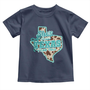 Retro Western She is From Texas I Can Tell Toddler T Shirt Trendy Turquoise Glitter Coquette and Cow Print Effect Graphic