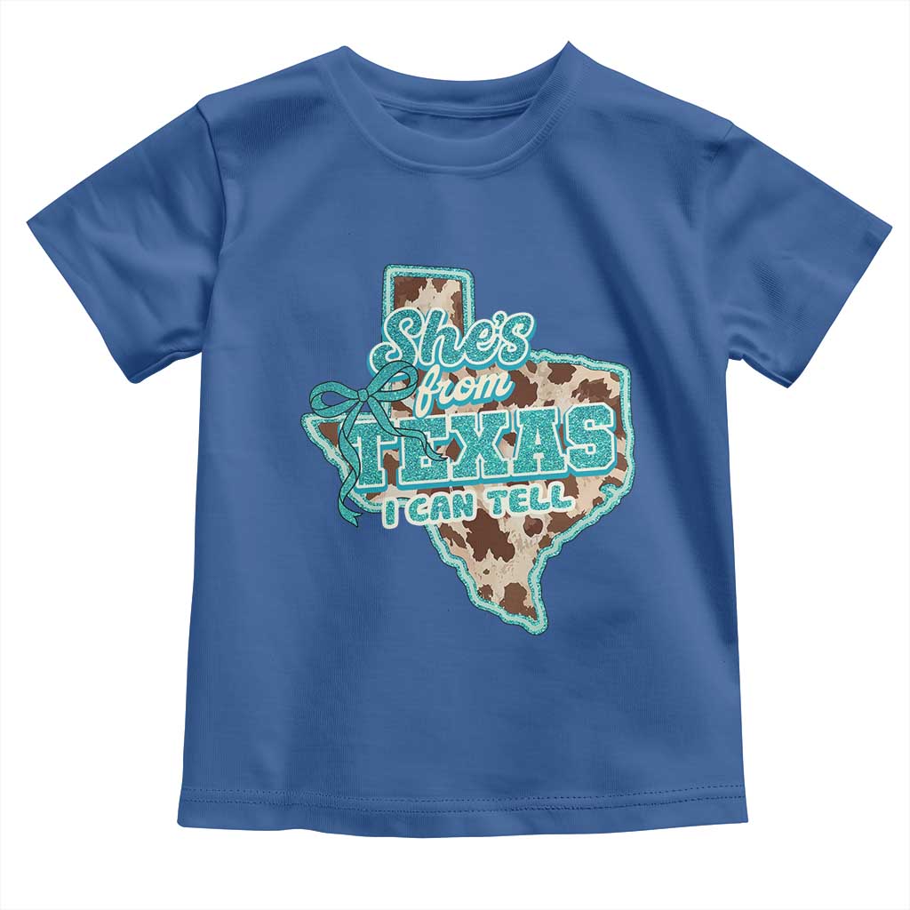 Retro Western She is From Texas I Can Tell Toddler T Shirt Trendy Turquoise Glitter Coquette and Cow Print Effect Graphic