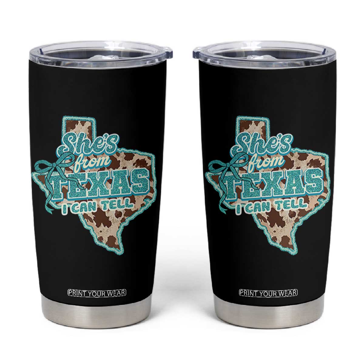 Retro Western She is From Texas I Can Tell Tumbler Cup Trendy Turquoise Glitter Coquette and Cow Print Effect Graphic