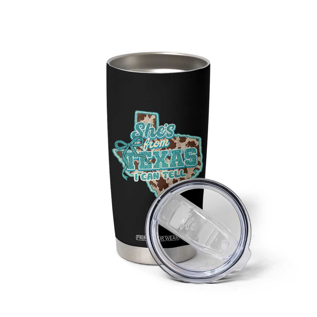 Retro Western She is From Texas I Can Tell Tumbler Cup Trendy Turquoise Glitter Coquette and Cow Print Effect Graphic