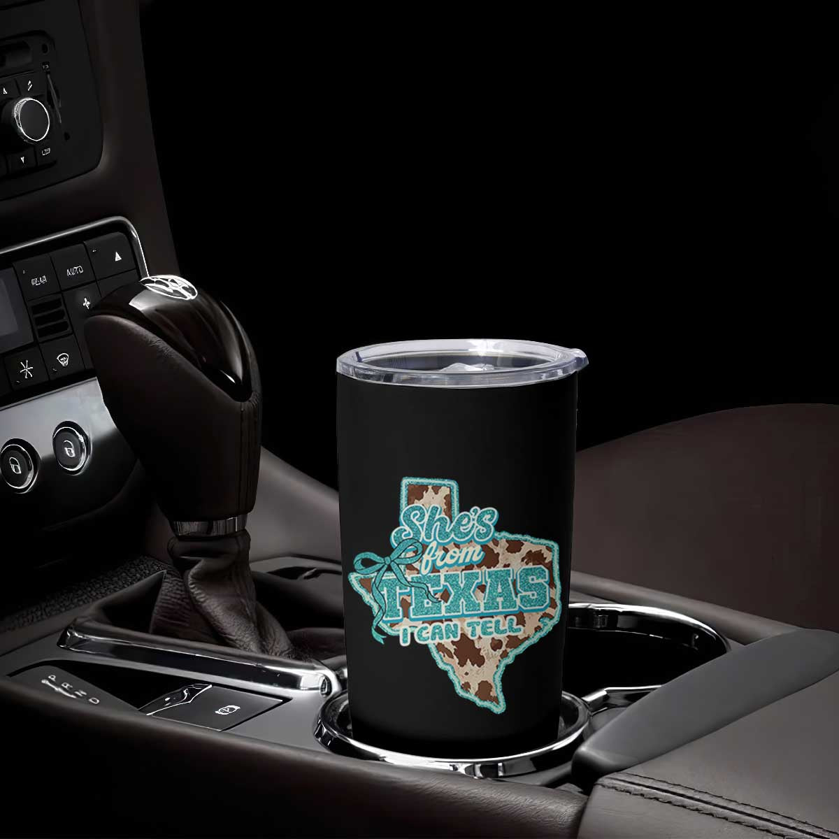 Retro Western She is From Texas I Can Tell Tumbler Cup Trendy Turquoise Glitter Coquette and Cow Print Effect Graphic