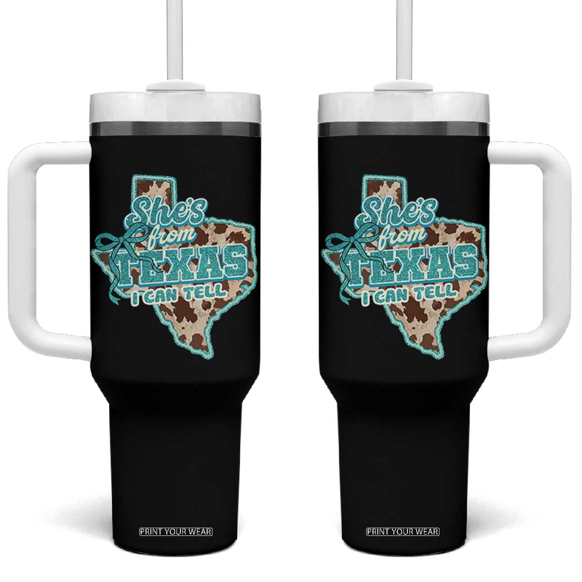 Retro Western She is From Texas I Can Tell Tumbler With Handle Trendy Turquoise Glitter Coquette and Cow Print Effect Graphic