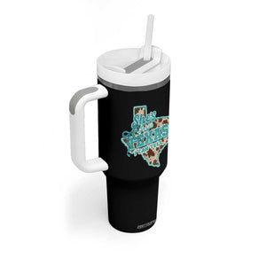 Retro Western She is From Texas I Can Tell Tumbler With Handle Trendy Turquoise Glitter Coquette and Cow Print Effect Graphic