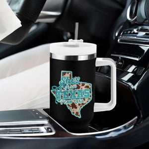Retro Western She is From Texas I Can Tell Tumbler With Handle Trendy Turquoise Glitter Coquette and Cow Print Effect Graphic