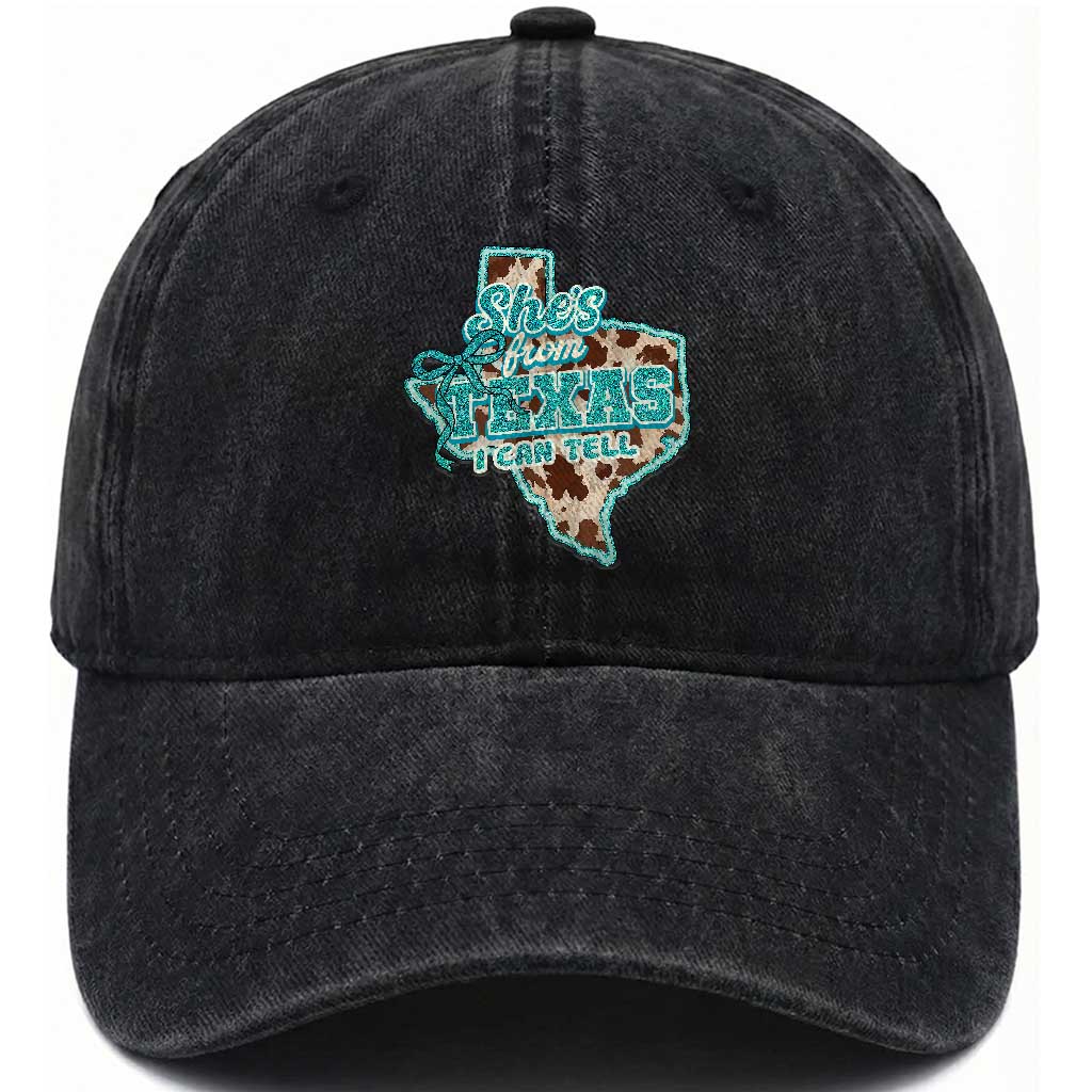 Retro Western She is From Texas I Can Tell Washed Cotton Baseball Cap Trendy Turquoise Glitter Coquette and Cow Print Effect Graphic TS02 Print Your Wear