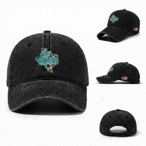 Retro Western She is From Texas I Can Tell Washed Cotton Baseball Cap Trendy Turquoise Glitter Coquette and Cow Print Effect Graphic