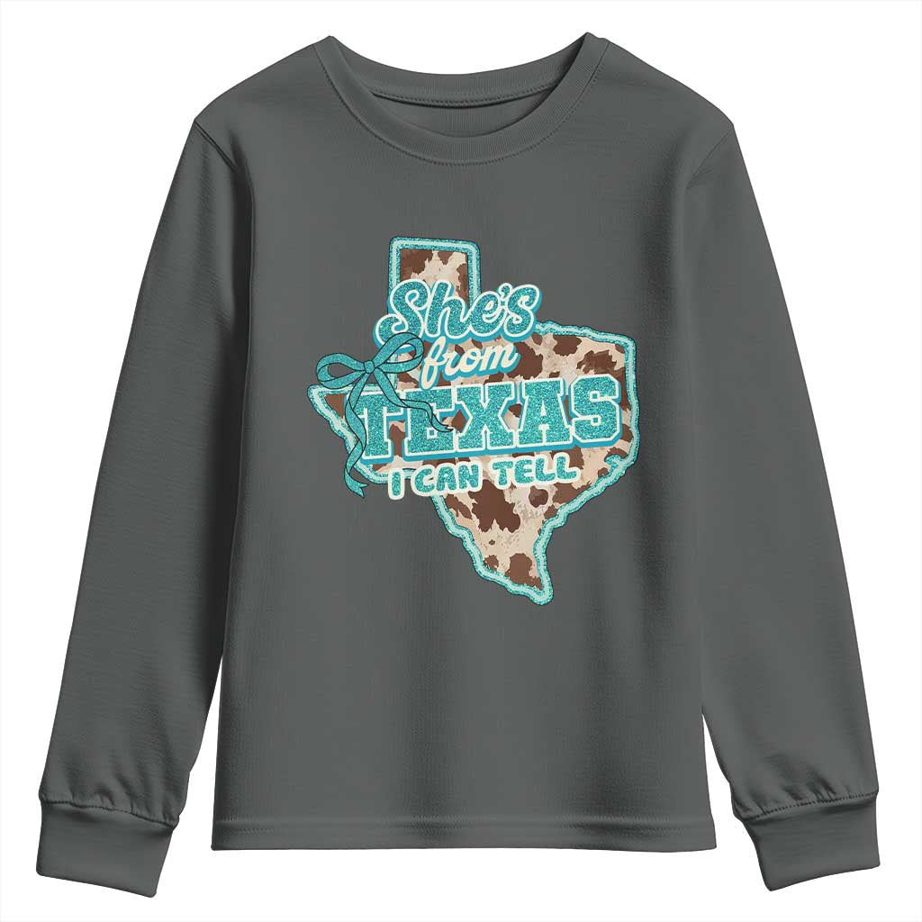 Retro Western She is From Texas I Can Tell Youth Sweatshirt Trendy Turquoise Glitter Coquette and Cow Print Effect Graphic