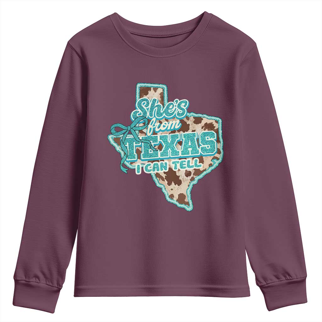 Retro Western She is From Texas I Can Tell Youth Sweatshirt Trendy Turquoise Glitter Coquette and Cow Print Effect Graphic