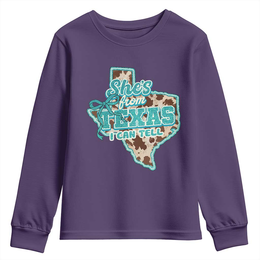 Retro Western She is From Texas I Can Tell Youth Sweatshirt Trendy Turquoise Glitter Coquette and Cow Print Effect Graphic