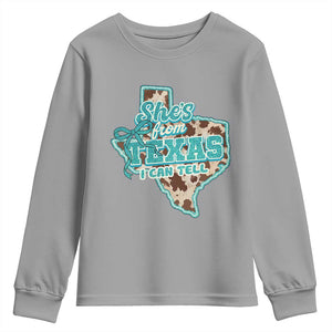 Retro Western She is From Texas I Can Tell Youth Sweatshirt Trendy Turquoise Glitter Coquette and Cow Print Effect Graphic