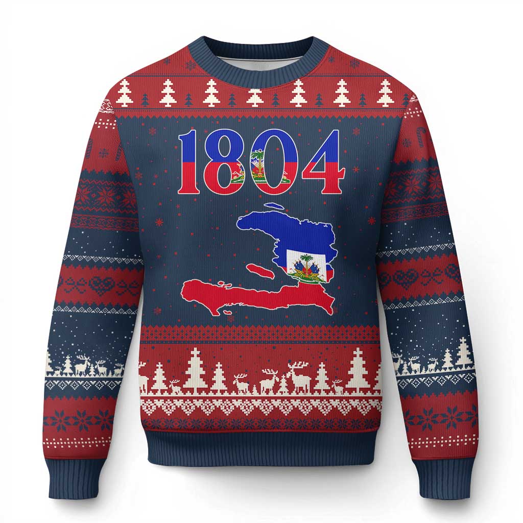 1804 Haiti Map and Flag Ugly Christmas Sweater Haitian Heritage Pride Graphic TS02 Navy Red Print Your Wear