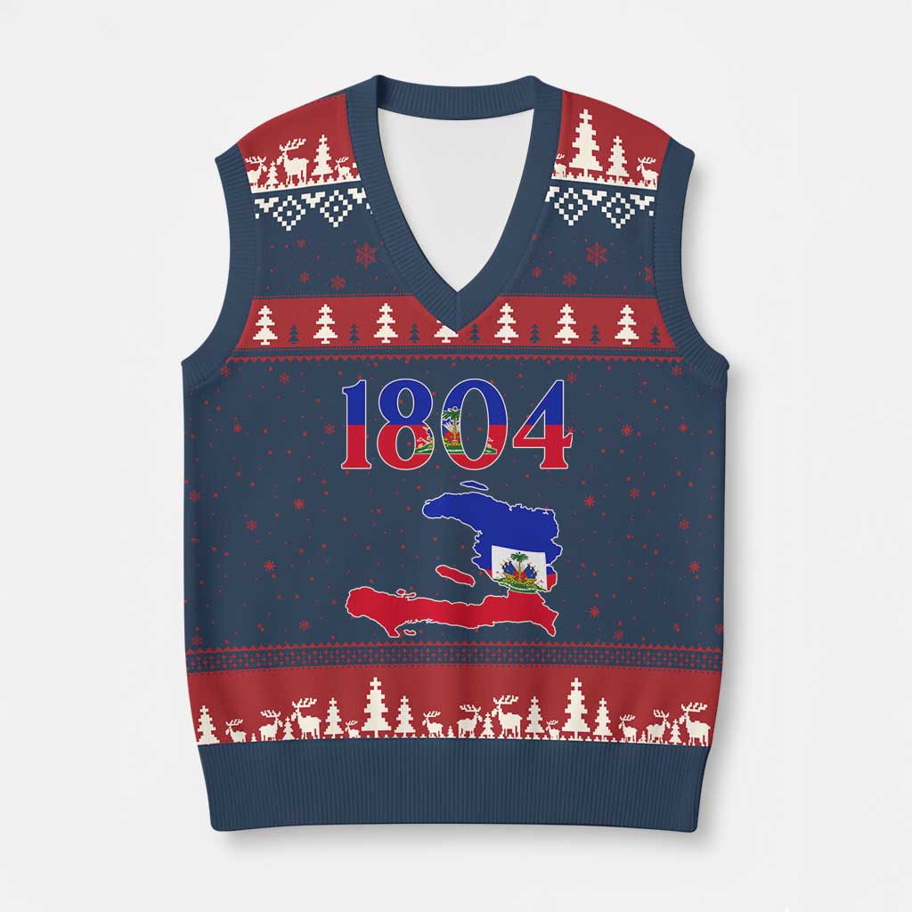 1804 Haiti Map and Flag V-Neck Knit Sweater Vest Haitian Heritage Pride Graphic TS02 Navy Red Print Your Wear