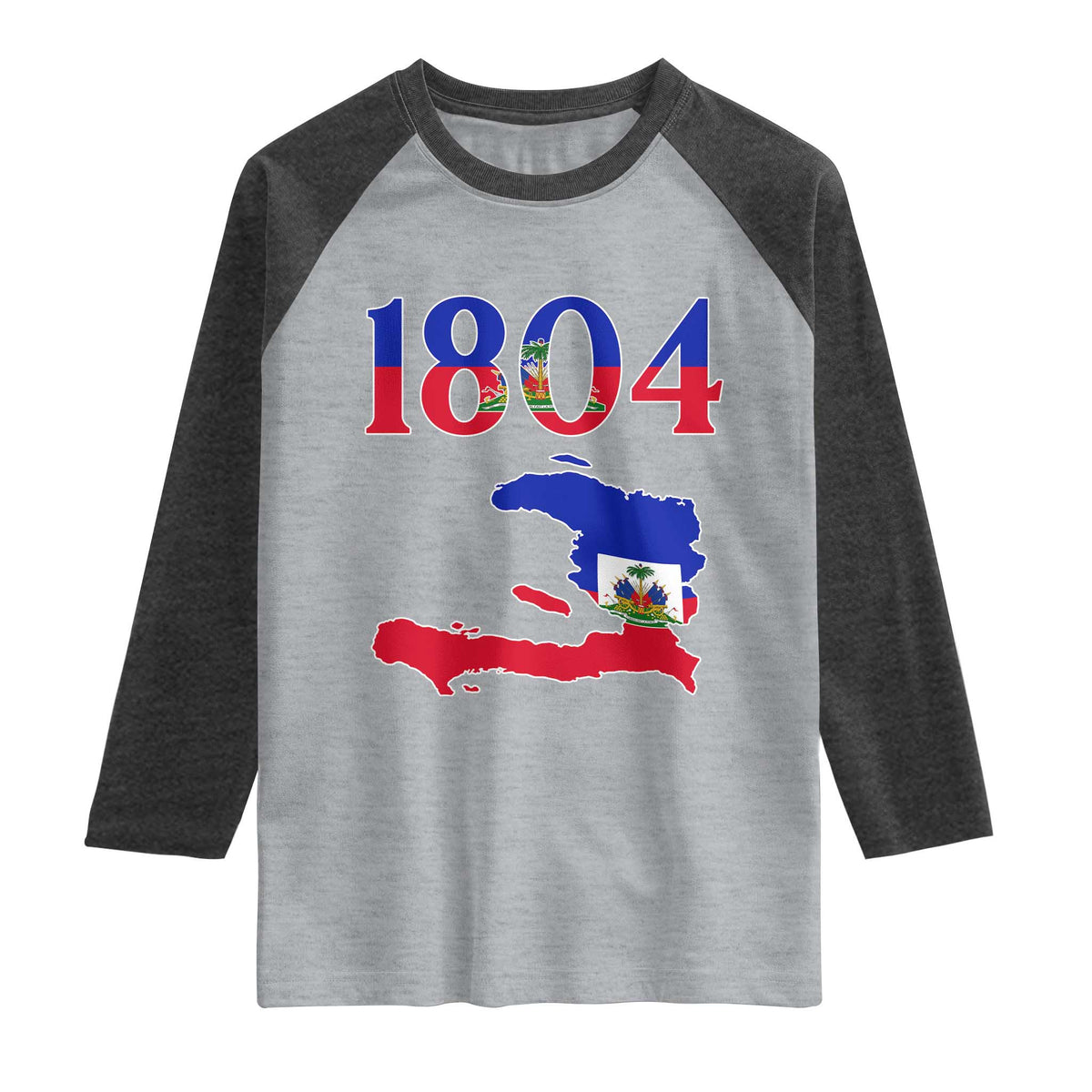 1804 Haiti Map and Flag Raglan Shirt Haitian Heritage Pride Graphic TS02 Heather Gray Heather Charcoal Print Your Wear