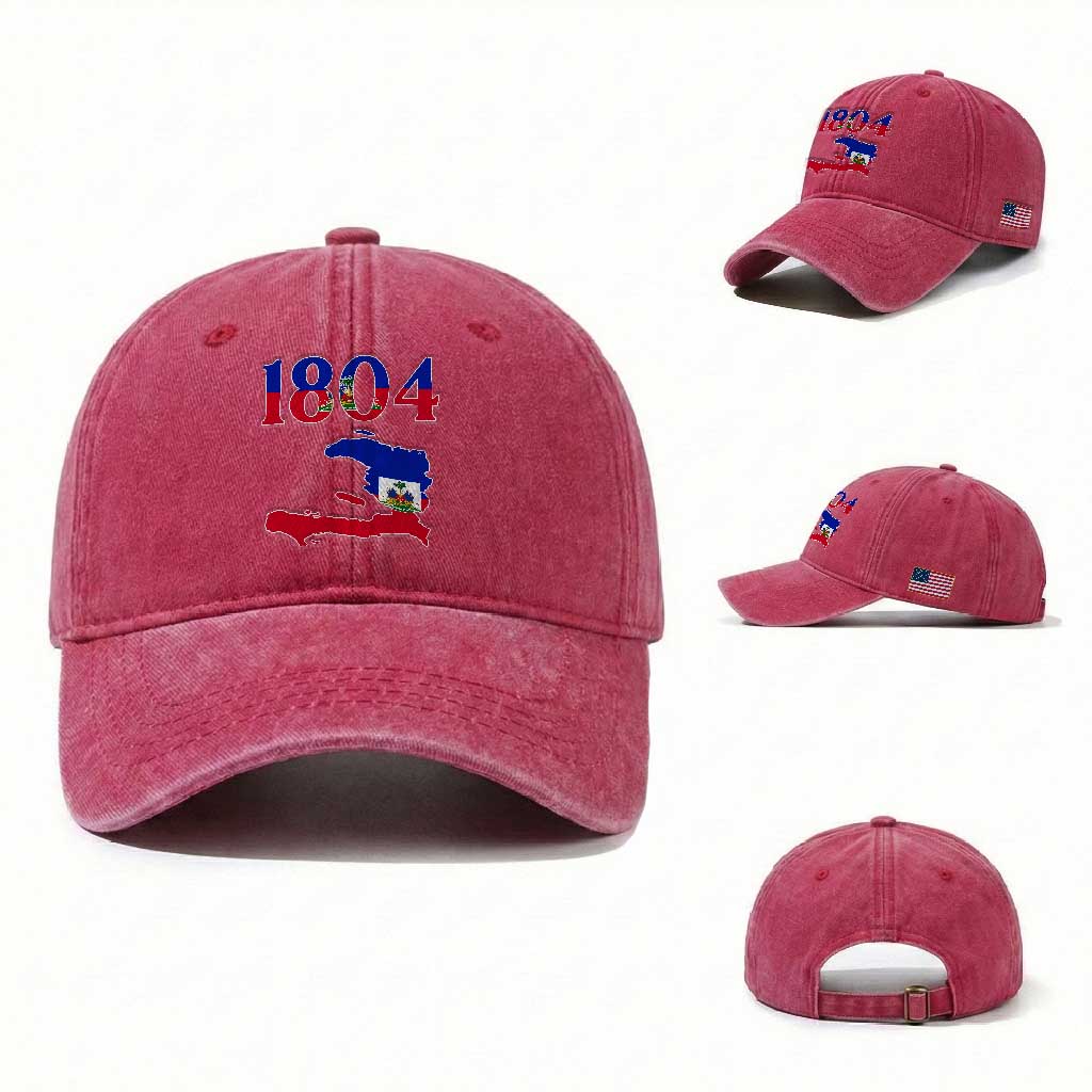 1804 Haiti Map and Flag Washed Cotton Baseball Cap Haitian Heritage Pride Graphic TS02 Washed Cap Universal Fit Red Print Your Wear