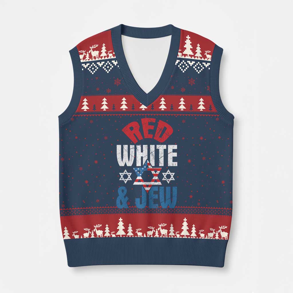 Red White and Jew V-Neck Knit Sweater Vest Funny Jewish Patriotic 4th of July Star Of David TS02 Navy Red Print Your Wear