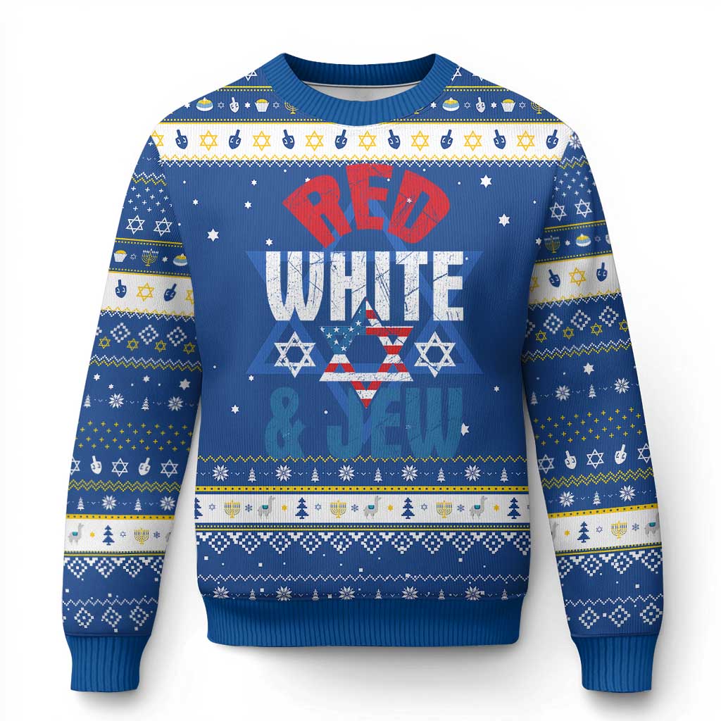 Red White and Jew Hanukkah Ugly Sweater Funny Jewish Patriotic 4th of July Star Of David TS02 Blue White Print Your Wear