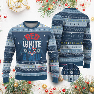 Red White and Jew Hanukkah Ugly Sweater Funny Jewish Patriotic 4th of July Star Of David TS02 Navy Light Blue Print Your Wear