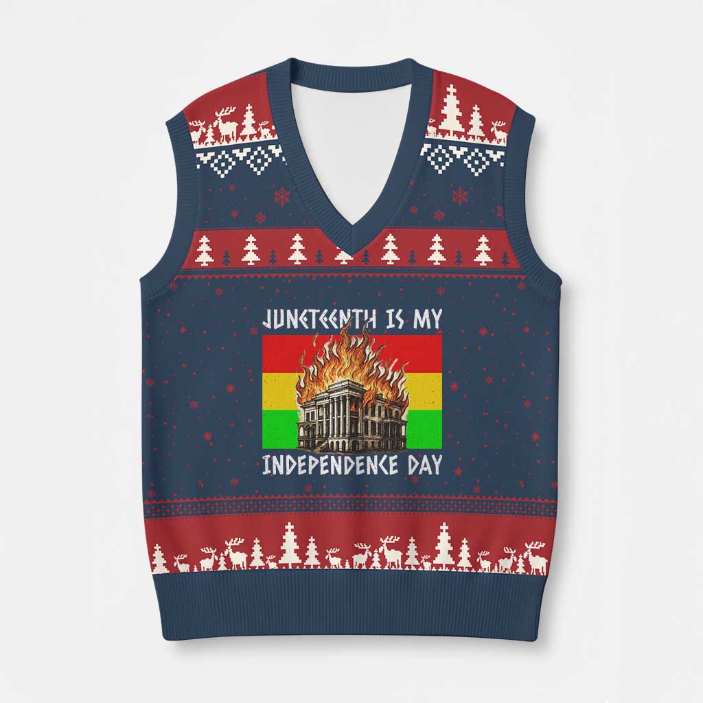 Juneteenth Is My Independence Day V-Neck Knit Sweater Vest Bold Afro Liberation Pan-African Flag TS02 Navy Red Print Your Wear