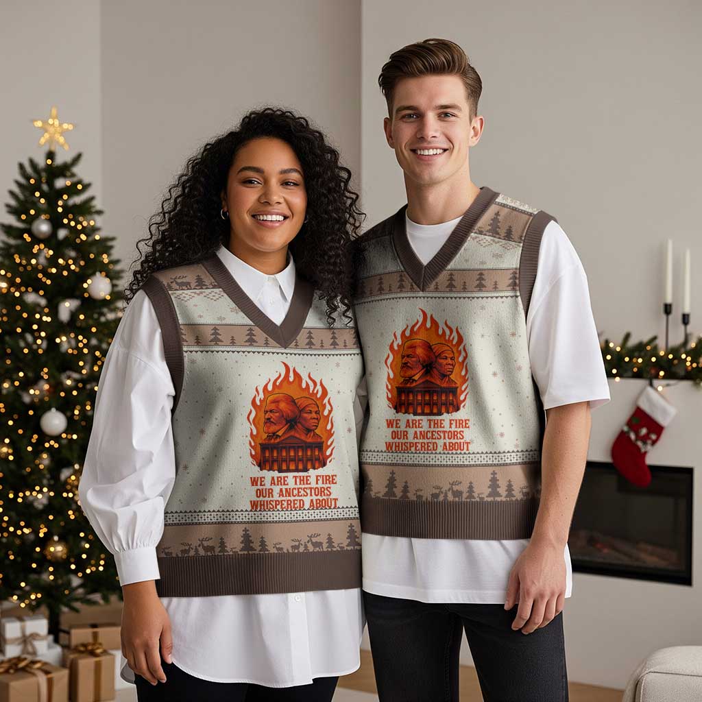 Harriet Tubman and Frederick Douglass V-Neck Knit Sweater Vest We Are the Fire Our Ancestors Whispered About Juneteenth 1865 TS02 Mocha Mousse Print Your Wear