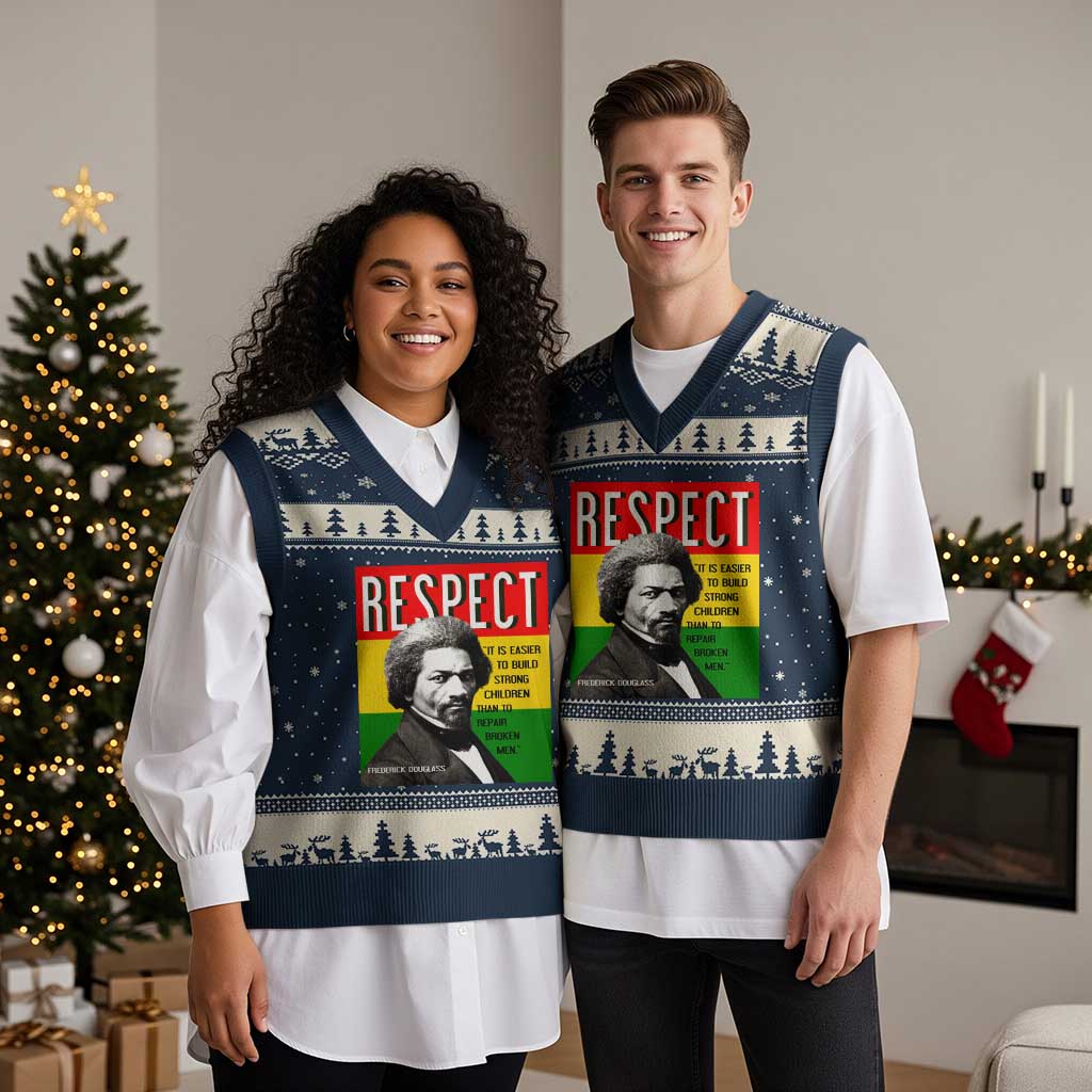 Respect Frederick Douglass V-Neck Knit Sweater Vest It Is Easier To Build Strong Children Empowerment TS02 Navy Beige Print Your Wear