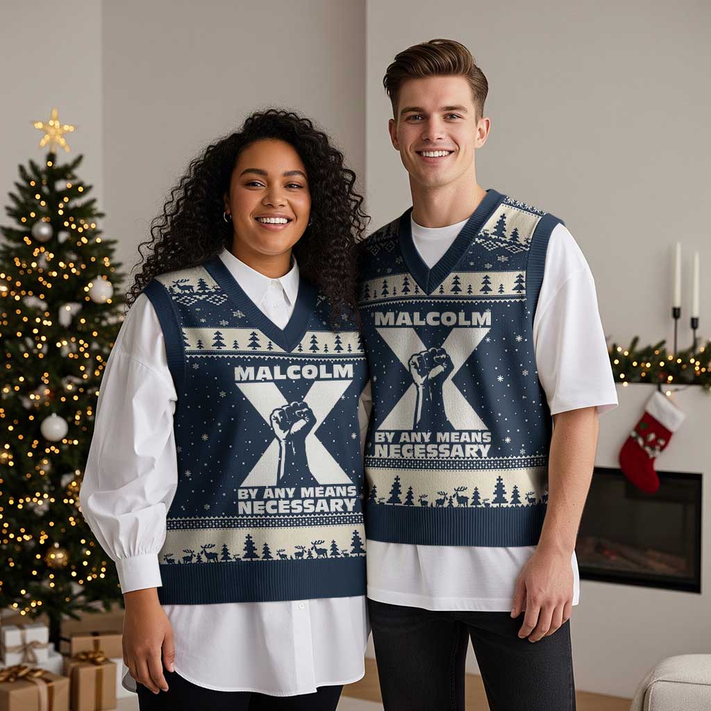 Malcolm X Power Fist V-Neck Knit Sweater Vest Civil Rights Leader Pride Bold Statement TS02 Navy Beige Print Your Wear