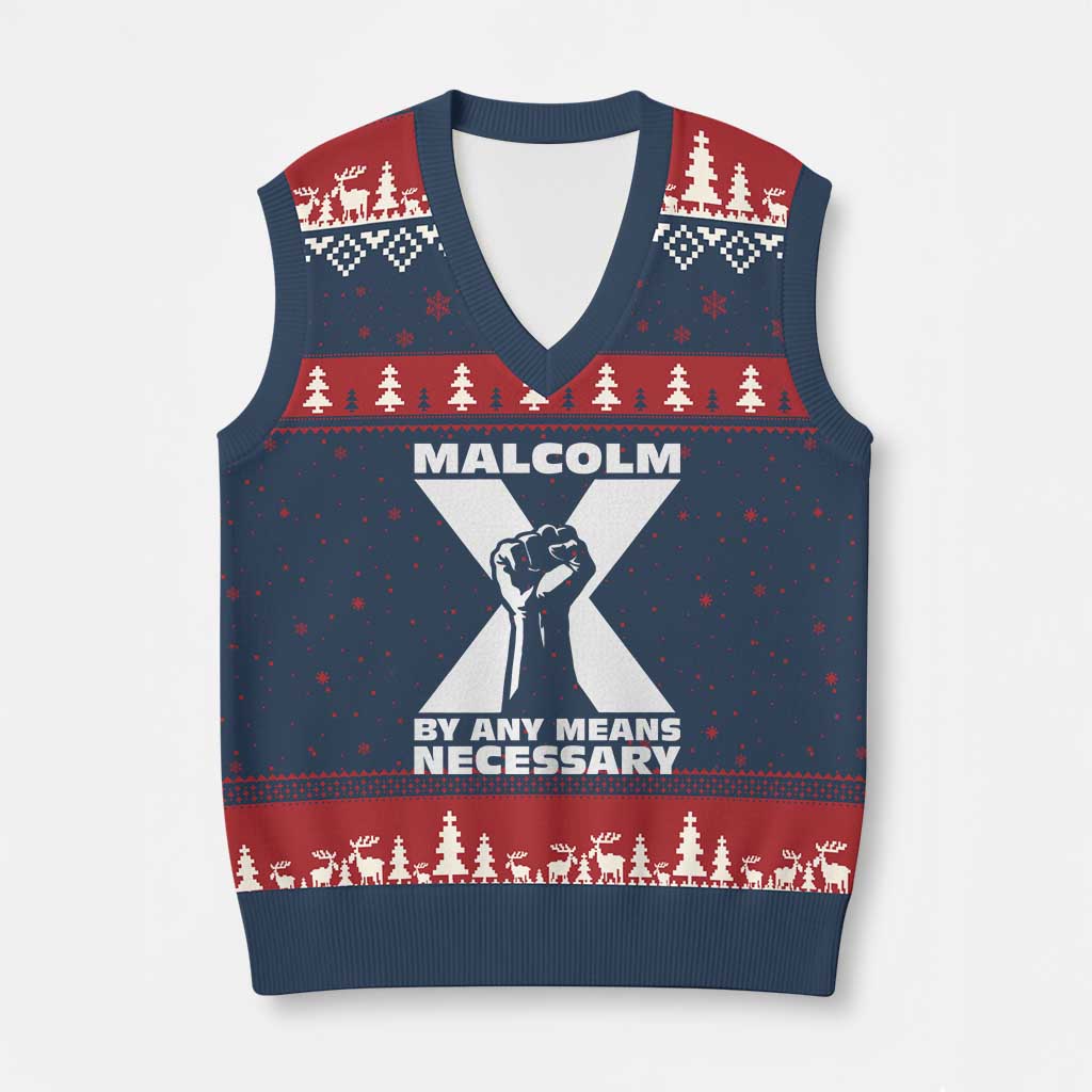 Malcolm X Power Fist V-Neck Knit Sweater Vest Civil Rights Leader Pride Bold Statement TS02 Navy Red Print Your Wear