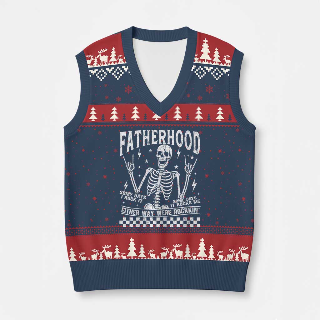 Rockin' Fatherhood Skeleton V-Neck Knit Sweater Vest Funny Dad Life Quote Gift for Fathers Day TS02 Navy Red Print Your Wear